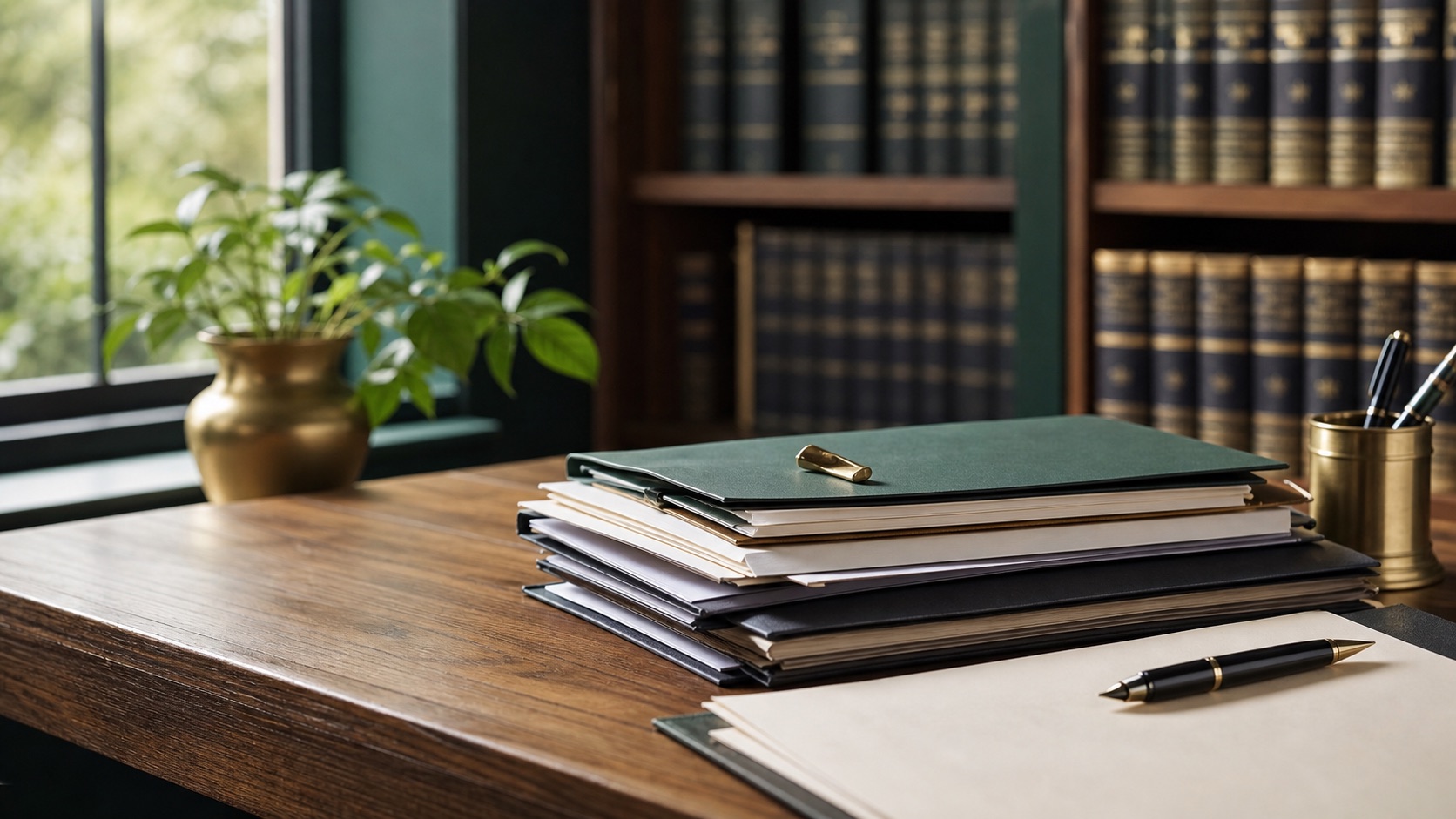 Case files and a pen on a law library desk