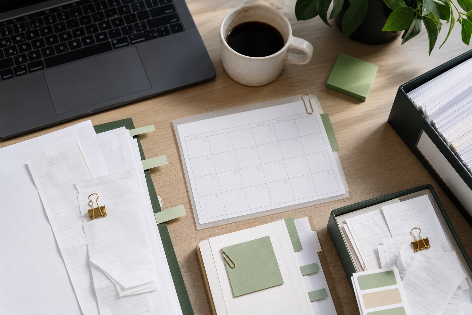 Organized records, calendar pages, and paper tabs on a desk