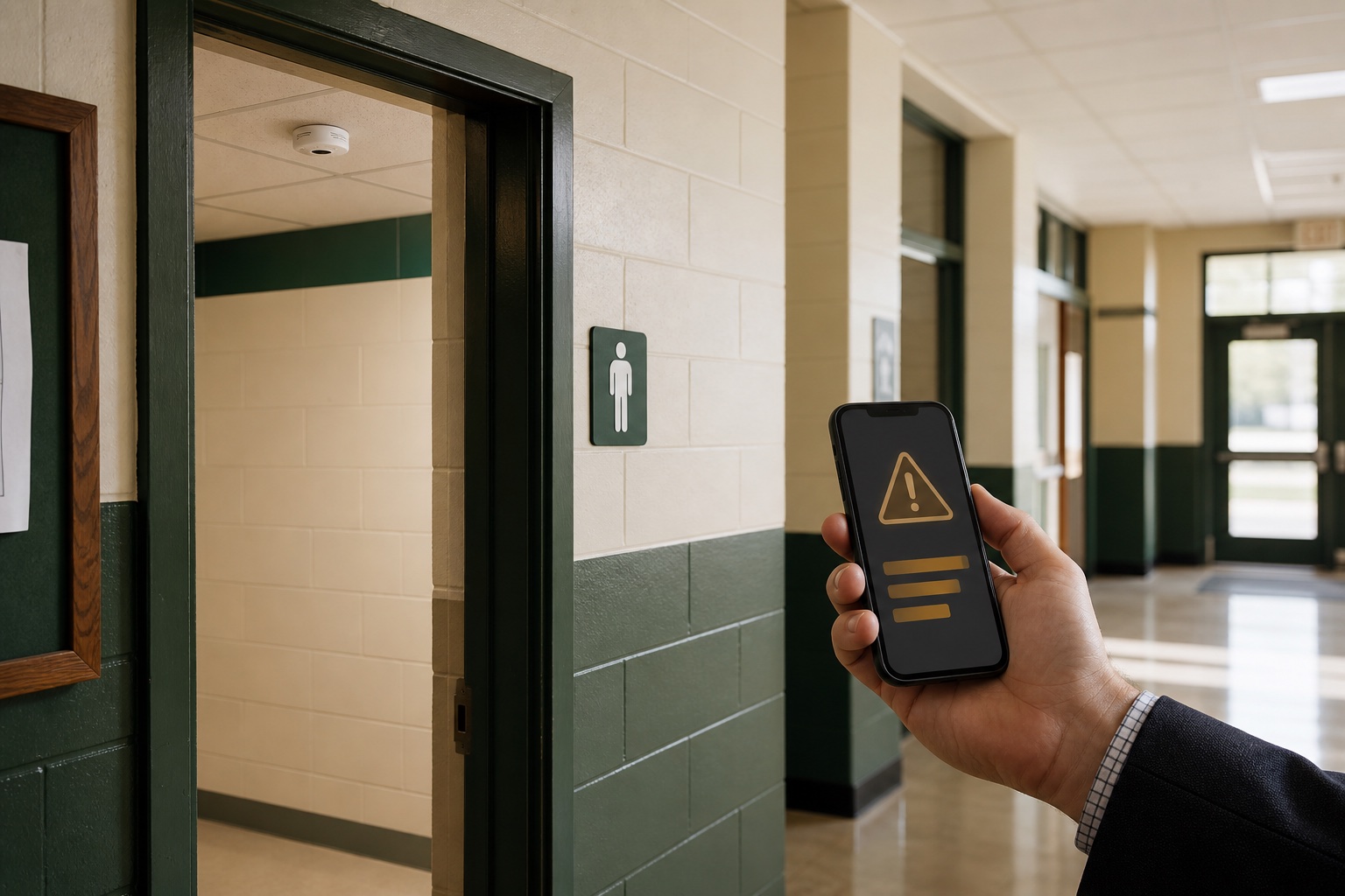 Administrator holding a phone alert near a school restroom with an air sensor on the ceiling